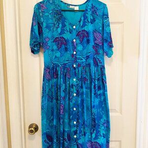 La Cera Cotton Dress, Blue Purple Floral Button-Front, Short Sleeve, size XL